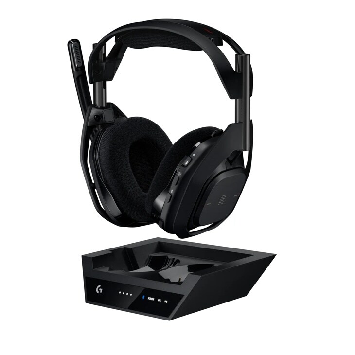 Logitech 939002126 wireless gaming headset with plush ear cushions displayed above charging dock with G logo and connectivity indicators