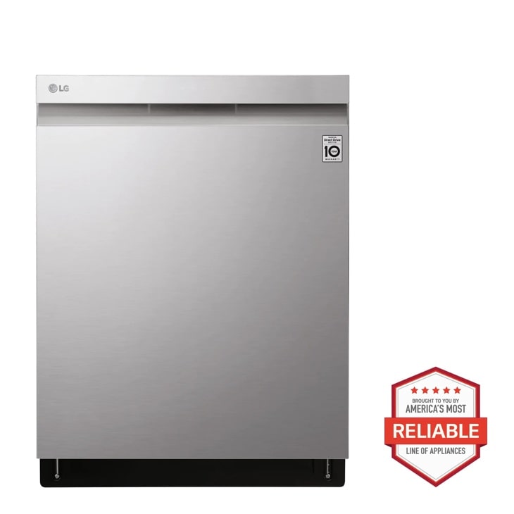Front view of the Top Control Smart wi-fi Enabled Dishwasher with QuadWash™ and TrueSteam® - LDP6809SS. Includes a graphic logo that says, Brought to you by America’s Most Reliable Line of Appliances.
