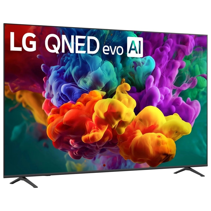 85-Inch LG QNED evo AI 4K TV 85QNED84BUA displaying vibrant colorful ink cloud visual with blue, purple, yellow and orange hues - Front View