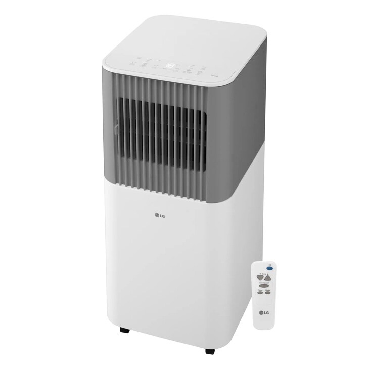 LG LP0526PGF Portable Air Conditioner with white and gray design featuring top control panel and remote control - Front View