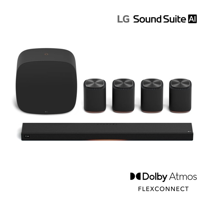 LG M5-P4_H7_W7 Sound Suite AI home theater system with Soundbar, subwoofer and four wireless speakers featuring Dolby Atmos and FLEXCONNECT technology