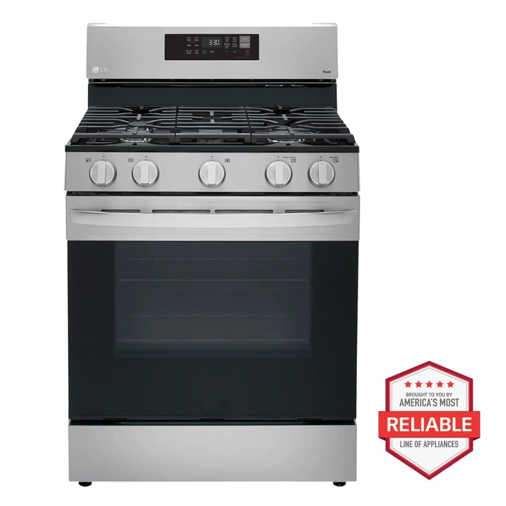Front view of the 5.8 cu ft. Smart Wi-Fi Enabled Fan Convection Gas Range with Air Fry & EasyClean® - LRGL5823S. Includes a graphic logo that says, Brought to you by America’s Most Reliable Line of Appliances.