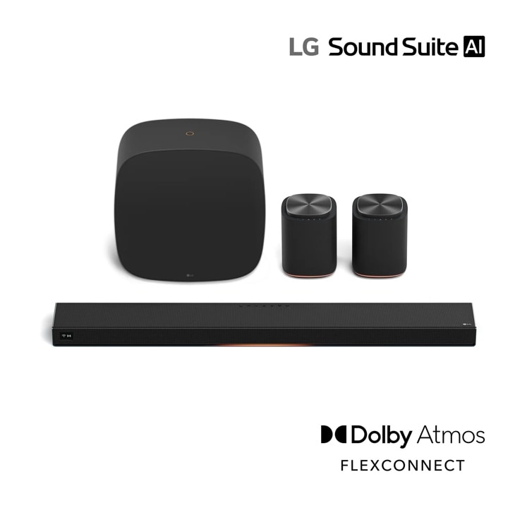 LG M5-P2_H7_W7 Sound Suite AI Soundbar system with subwoofer and two wireless speakers featuring Dolby Atmos and FLEXCONNECT technology - Front View