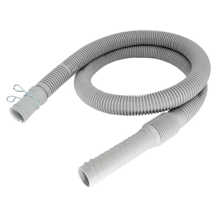 Gray flexible drain hose AGF04127478 with ribbed exterior and connector ends for laundry appliances