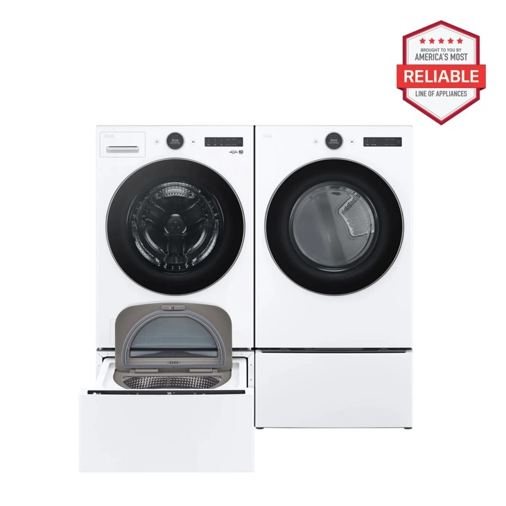 “America’s Most Reliable Line of Home Appliances” badge. VCM Electric LG Front Load washer, dryer and SideKick Pedestal Washer.
