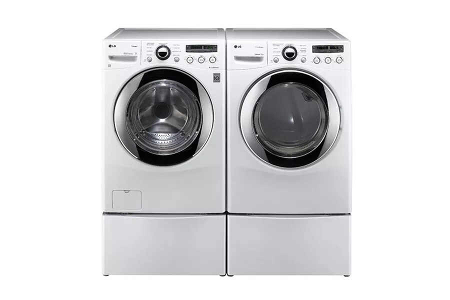 LG LGWADRGW02 Side-by-Side on Pedestals Washer & Dryer Set with Front Load  Washer and Gas Dryer in White