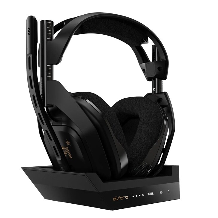Astro 939002126 wireless gaming headset with microphone on charging base station showing padded ear cups and headband - Side View