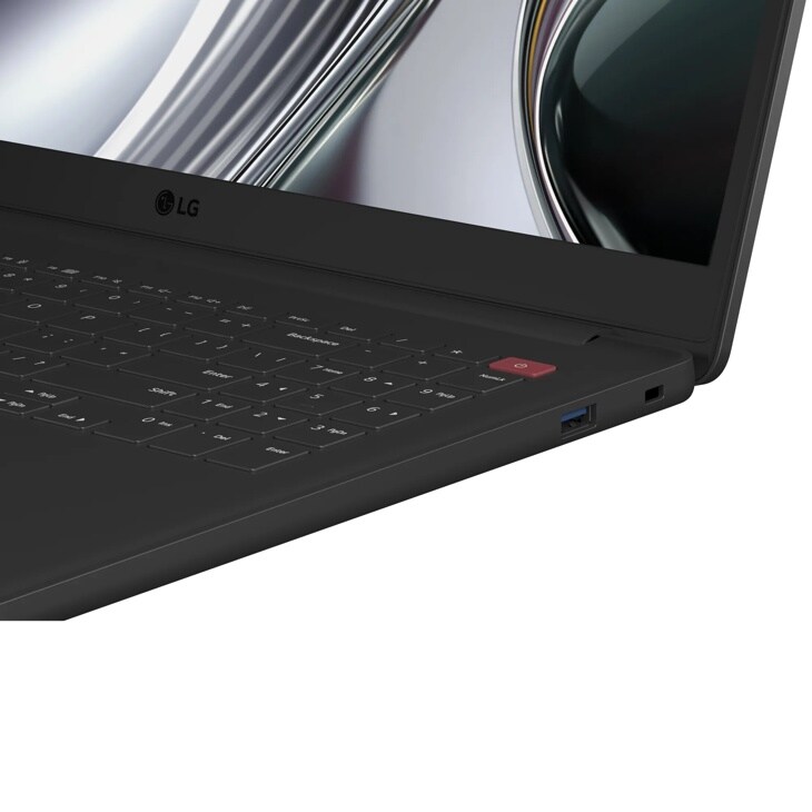 LG Gram 15U50U-H.AR55U1 Laptop showing black keyboard with red power button and USB port - Side Angle