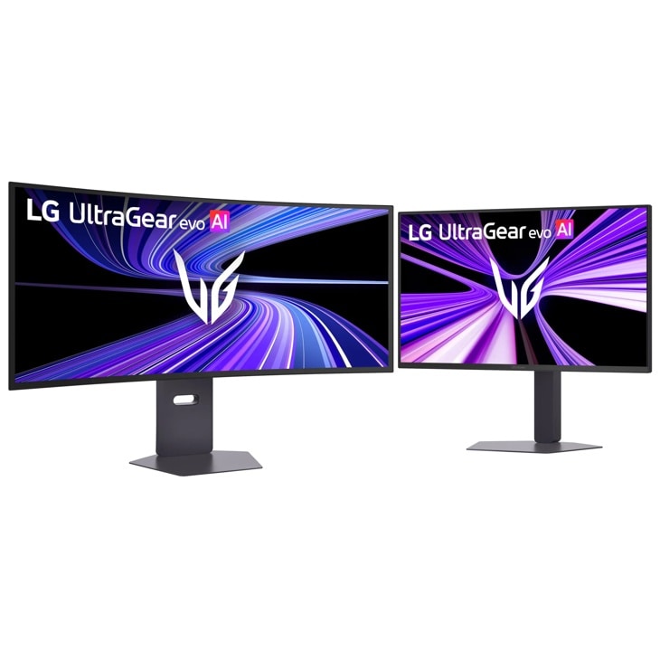 LG UltraGear evo AI Monitors 39GX950B-B and 27GM950B-B with adjustable stands displaying vibrant graphics
