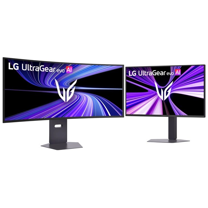 LG UltraGear evo AI Monitors 39GX950B-B and 27GM950B-B with adjustable stands displaying vibrant graphics
