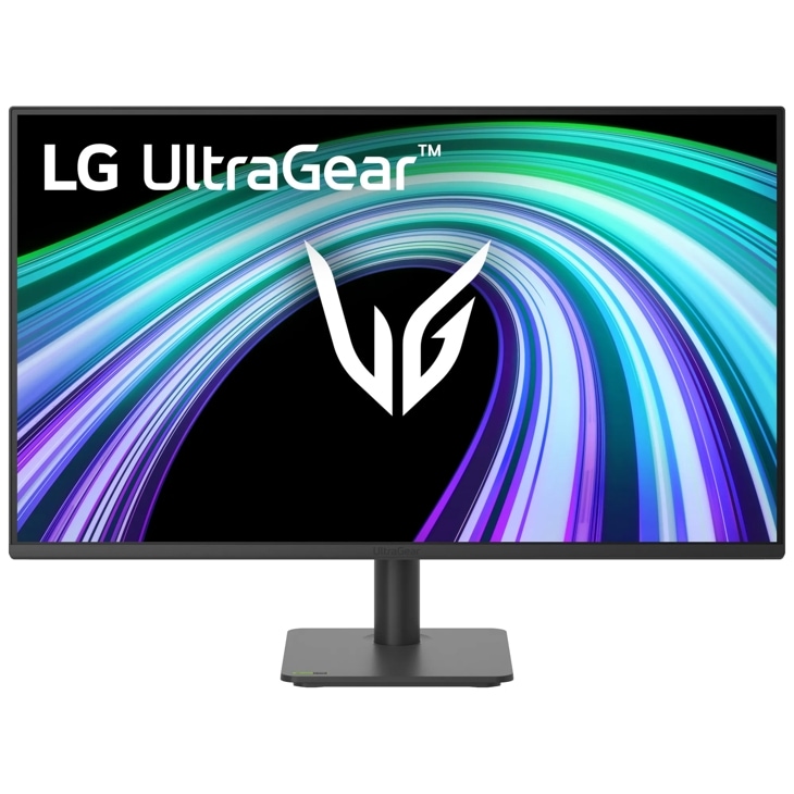 LG 27G41WB-B UltraGear Gaming Monitor with colorful abstract graphics on screen and adjustable stand - Front View