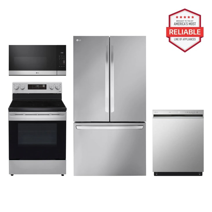 27 cu. ft. Smart Counter-Depth MAX™ French Door Refrigerator with Freestanding Electric Range, Front Control Dishwasher and Microwave Kitchen Package in Stainless Steel LRFLC2706S_LREL6321S_MVEM1621Y_LDFN3432T