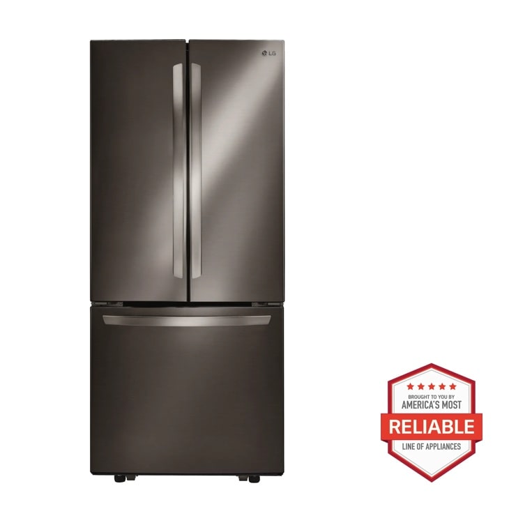 Front view of the 22 cu. ft. French Door Refrigerator - LFCS22520D. Includes a graphic logo that says, Brought to you by America’s Most Reliable Line of Appliances.