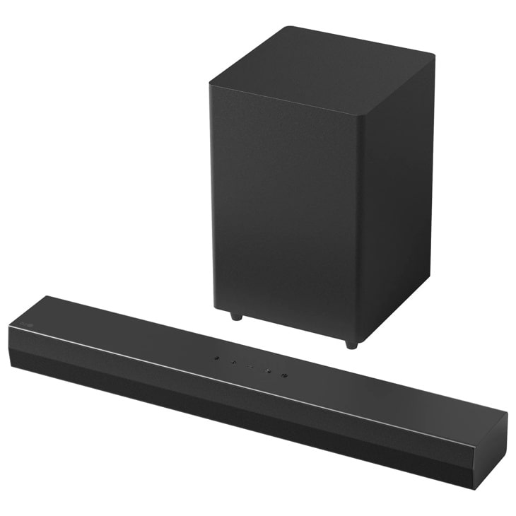 S35A Soundbar with wireless subwoofer in matte black finish featuring control buttons on top of the soundbar - Front View