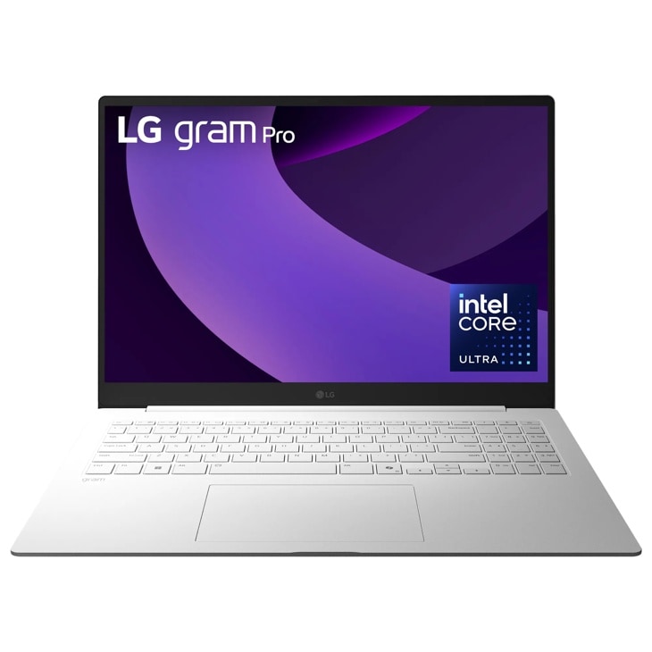 LG gram Pro laptop with Intel Core Ultra, purple display, silver keyboard and body, Front View