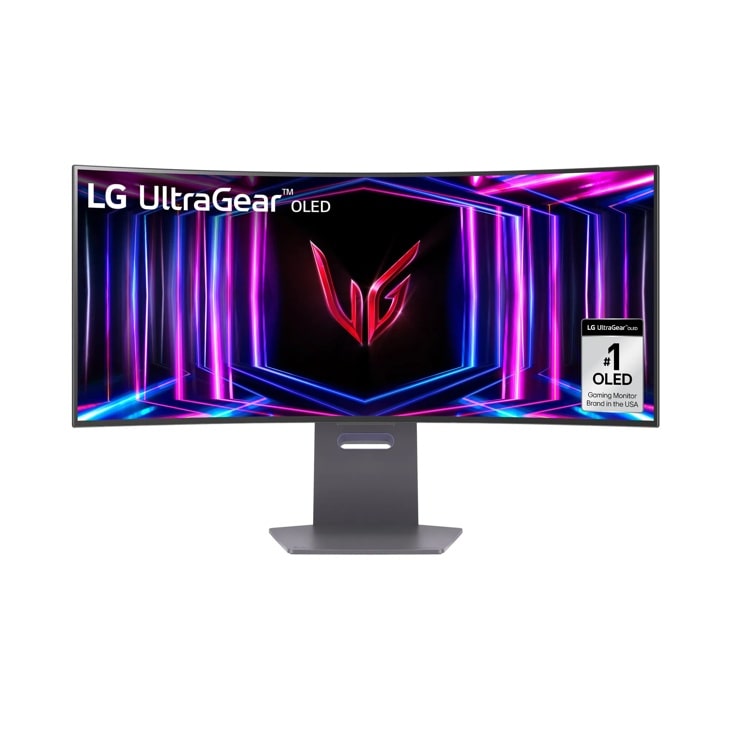 LG 34GS95QE-B 34-Inch UltraGear OLED Gaming Monitor displaying vibrant purple and blue lighting effects with gaming logo on screen - Front View
