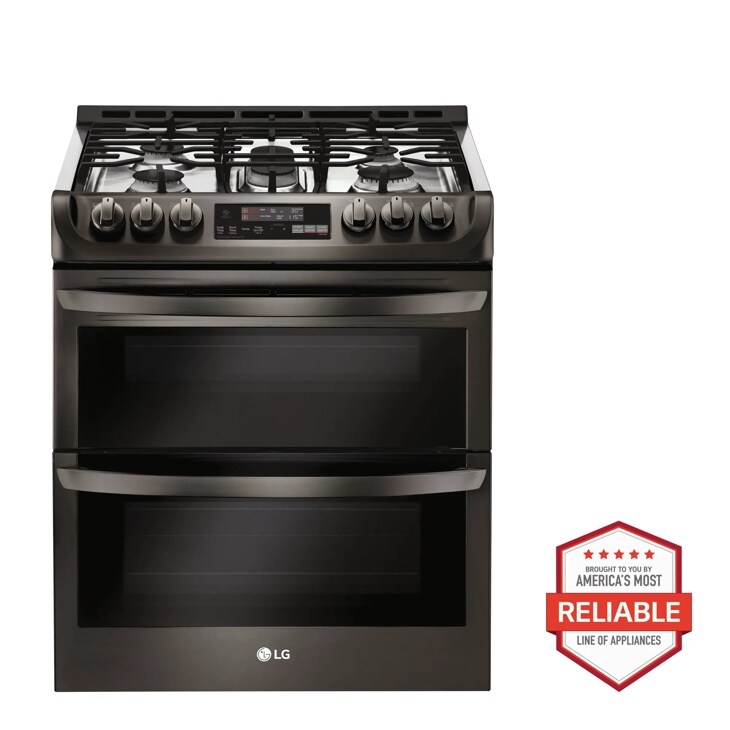Front view of the 6.9 cu. ft. Smart wi-fi Enabled Gas Double Oven Slide-In Range with ProBake Convection® and EasyClean® - LTG4715BD. Includes a graphic logo that says, Brought to you by America’s Most Reliable Line of Appliances.