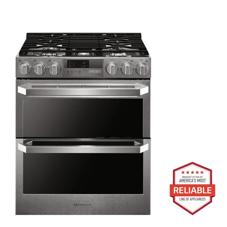 Front view of the LG SIGNATURE 7.3 cu.ft. Smart wi-fi Enabled Dual Fuel Double Oven Range with ProBake Convection® - LUTD4919SN. Includes a graphic logo that says, Brought to you by America’s Most Reliable Line of Appliances.