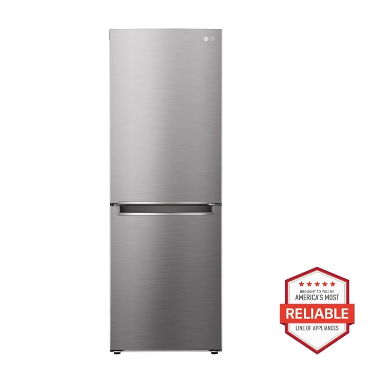 Front view of the 11 cu. ft. Bottom Freezer Refrigerator - LRBNC1104S. Includes a graphic logo that says, Brought to you by America’s Most Reliable Line of Appliances.