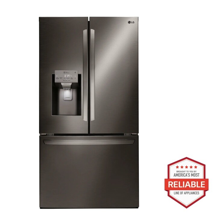 Front view of the 26 cu. ft. Smart wi-fi Enabled French Door Refrigerator - LFXS26973D. Includes a graphic logo that says, Brought to you by America’s Most Reliable Line of Appliances.