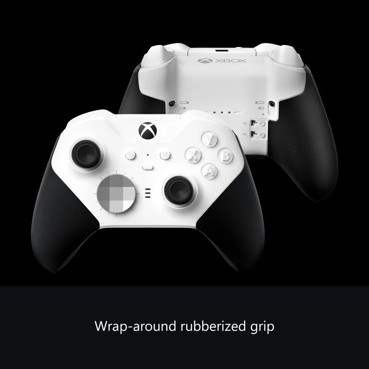 Xbox Elite Wireless Controller 4IK00001 with white faceplate and black rubberized grip handles shown from front and back views