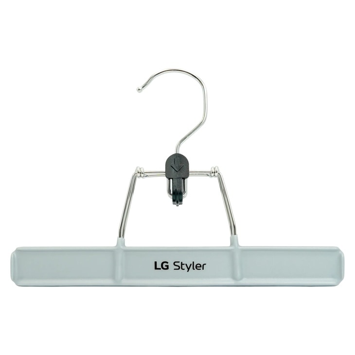 LG Styler clothing hanger with metal hook and plastic base Front View