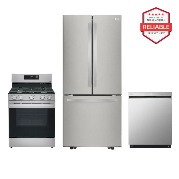 LG LFCS22520S_LRGL5821S_LDFN3432T kitchen package with gas range, refrigerator, and dishwasher, America's Most Reliable line of appliances Front View