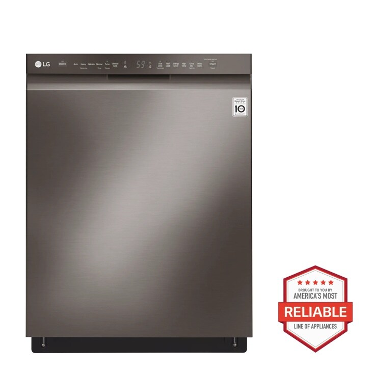Front view of the Front Control Dishwasher with QuadWash™ and EasyRack™ Plus - LDF5545BD. Includes a graphic logo that says, Brought to you by America’s Most Reliable Line of Appliances.