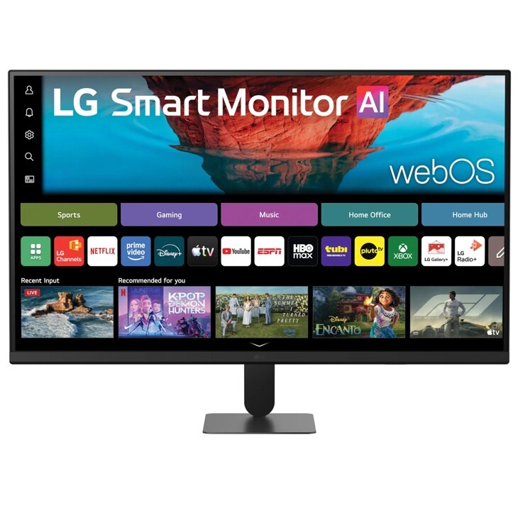 LG 32U701SB-B Smart Monitor AI with webOS interface displaying streaming apps and content recommendations