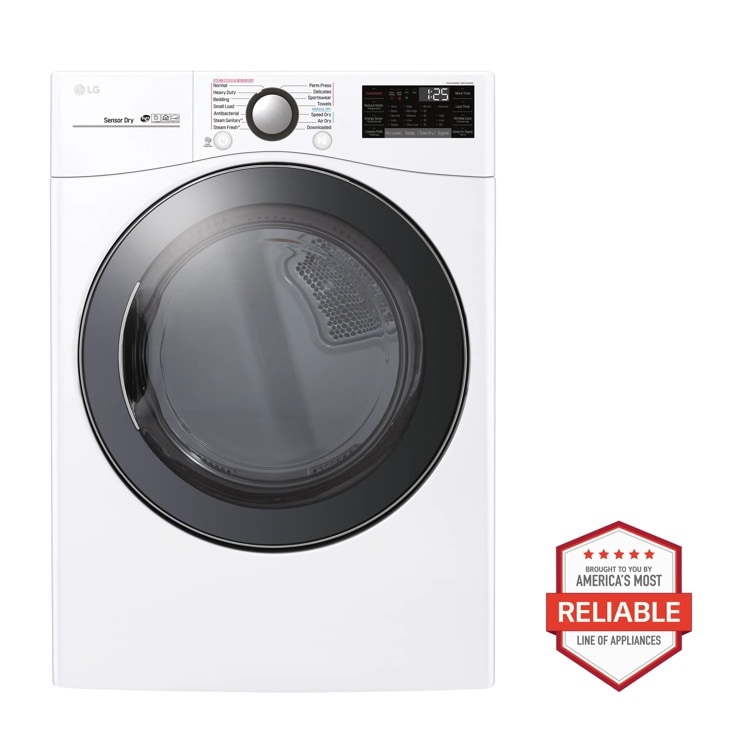 Front view of the 7.4 cu.ft. Smart wi-fi Enabled Gas Dryer with TurboSteam™ - DLGX3901W. Includes a graphic logo that says, Brought to you by America’s Most Reliable Line of Appliances.