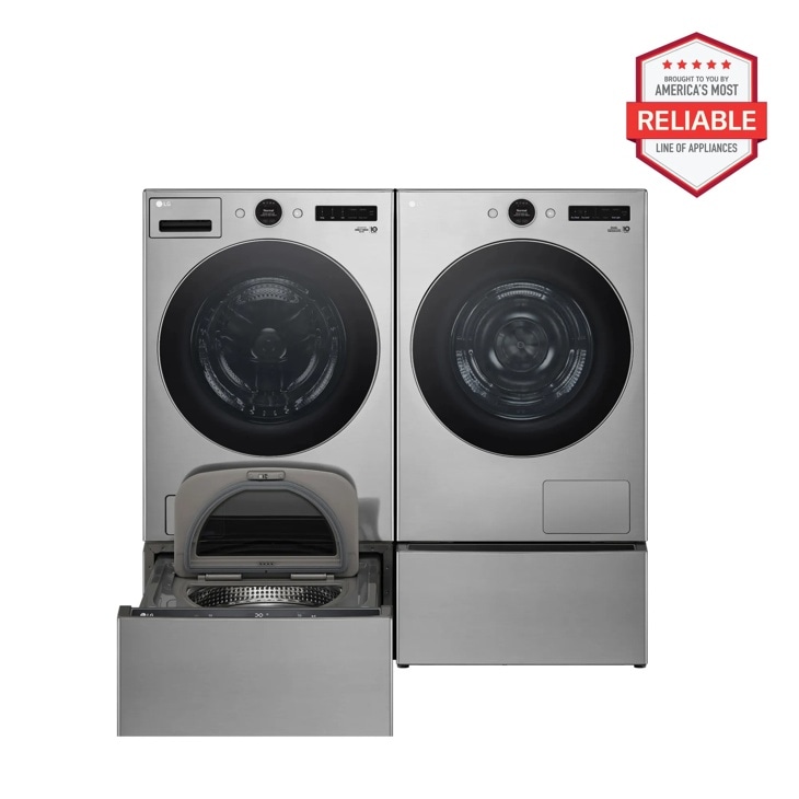 LG WM5500HVA_DLHC5502V_WD300CV_WDP6V Laundry Package with washer, dryer and pedestal storage units in silver finish - Front View