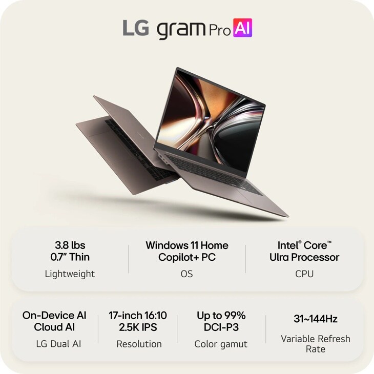 LG Gram Pro AI 17Z90UR-P.AU99U3 Laptop featuring 3.8 lbs lightweight design, 17-inch display, Intel Core processor and Windows 11 with specs infographic