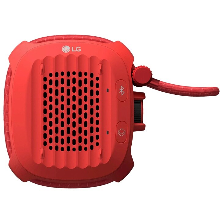 ROCK_CNOALRE portable speaker in bright red with speaker grille, Bluetooth button, and fabric strap