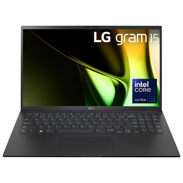 LG gram 15 laptop with Intel Core Ultra processor, black finish, open screen displaying LG gram 15 and Intel Core Ultra logo, keyboard visible Front View