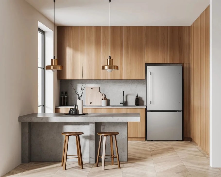 LG LB26H2200S Bottom Freezer Refrigerator in modern kitchen setting with island and stools Lifestyle Kitchen Setting