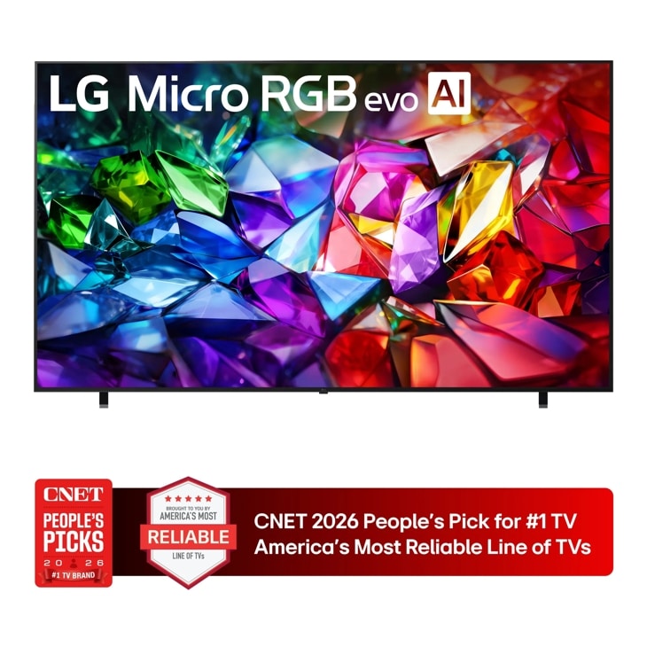 100-Inch LG Micro RGB evo AI TV 100MRGB95BU displaying vibrant colorful crystals with CNET 2026 People's Pick for #1 TV Brand and America's Most Reliable Line of TVs badges