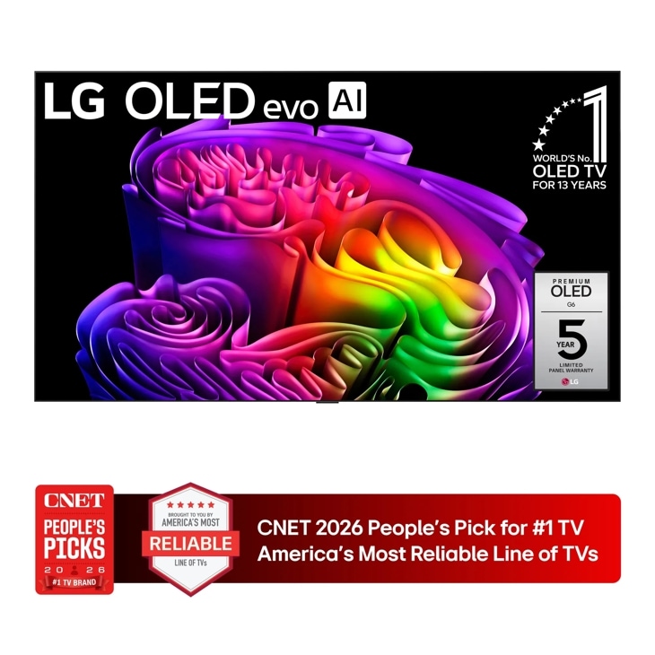 97-Inch LG OLED evo AI G6 4K OLED TV OLED97G6WUA with Worlds No. 1 OLED TV for 13 Years badge and Premium OLED G6 5 Year Limited Panel Warranty badge - Front View - CNET 2026 People's Pick for #1 TV Brand America's Most Reliable Line of TVs