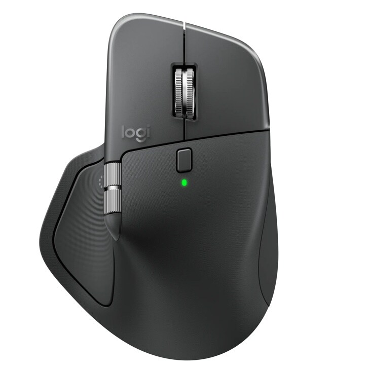 Logitech 910007616 wireless ergonomic mouse with scroll wheel, side buttons, and green indicator light