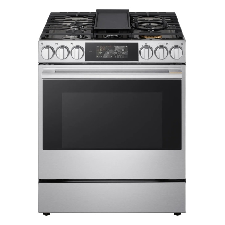 LG LSGU6339X Gas Range with stainless steel finish featuring digital control panel and five burners with center griddle - Front View