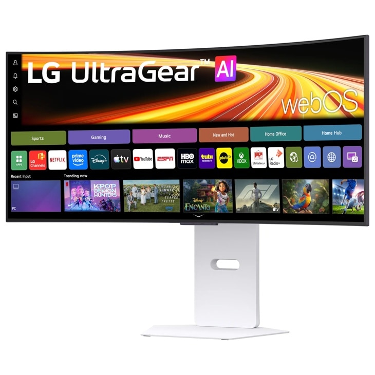 LG 34GX90SB-W UltraGear OLED Gaming Monitor displaying webOS interface with streaming apps on white stand