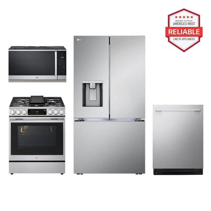 26 cu. ft. Smart Counter-Depth MAX™ Four Types of Ice French Door Refrigerator with Slide-in Gas Range, Top Control Dishwasher and Microwave Kitchen Package in Stainless Steel LRYXC2606S_LSGL6337X_MVEL2125X_LDNTH753S
