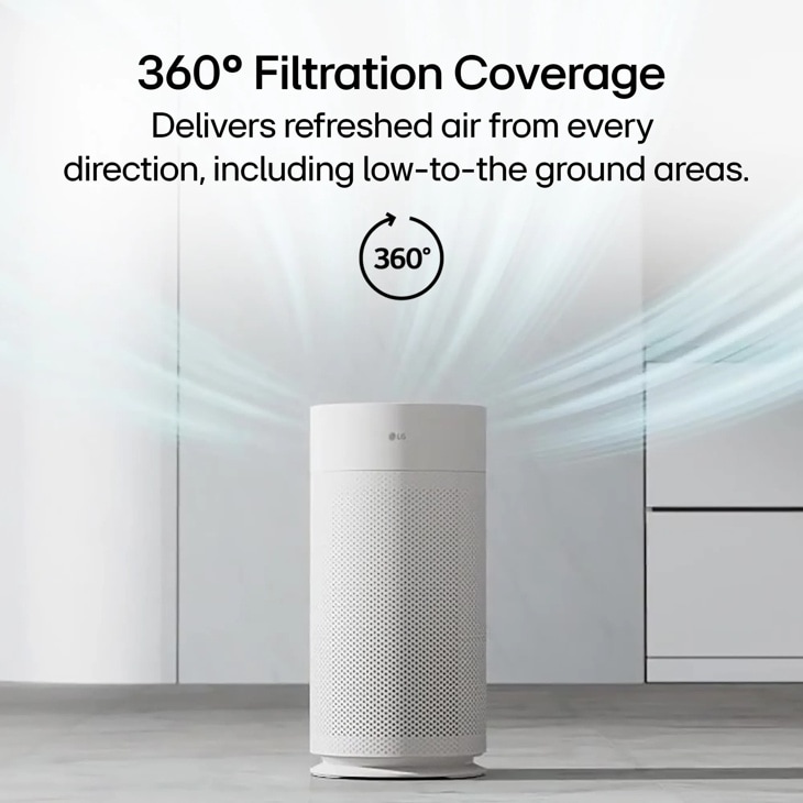 LG AS351GW30 Air Purifier with 360 Filtration Coverage delivering refreshed air from every direction including low-to-the ground areas