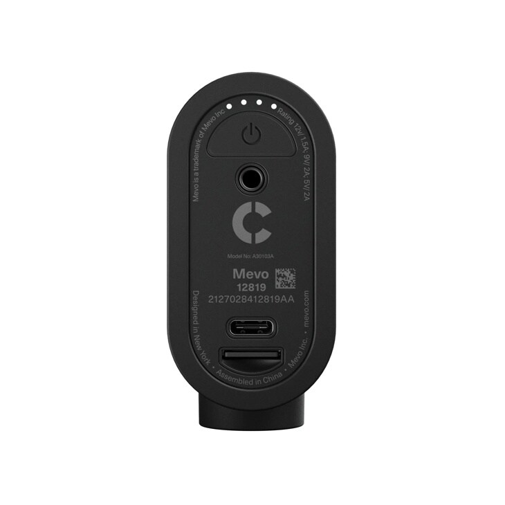 Mevo 961000498 webcam bottom view showing power button, USB-C port, and model information