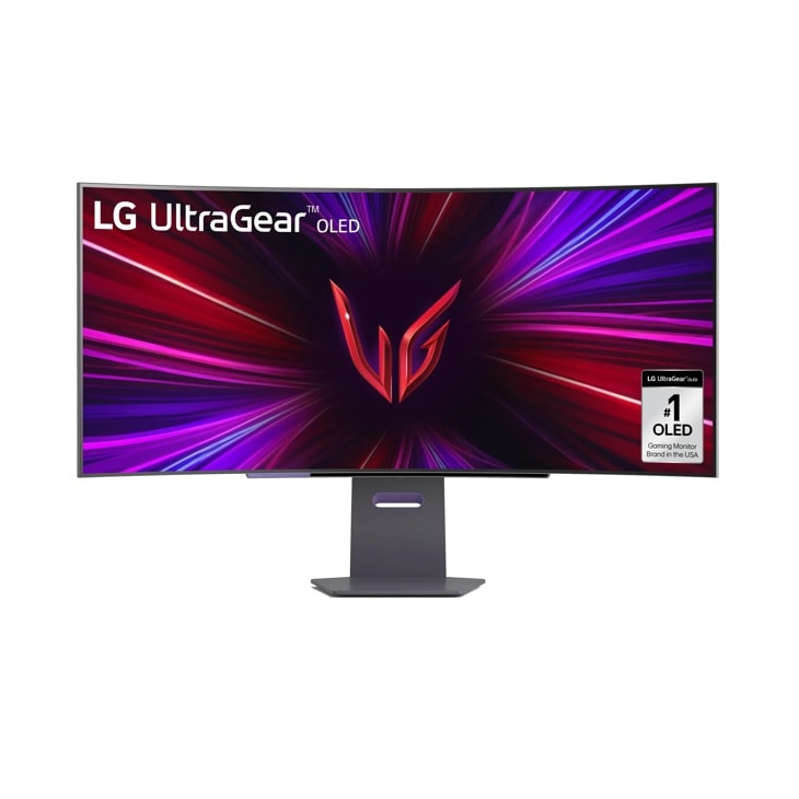 LG 45GS95QE-B 45-Inch UltraGear OLED Gaming Monitor with curved display showing red and purple gaming graphics on dark background - Front View