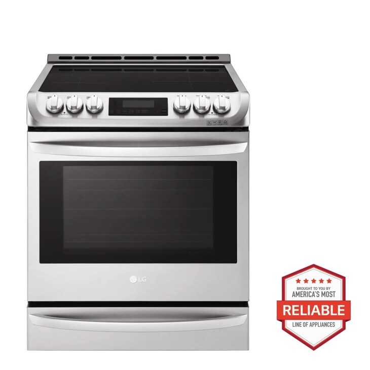 Front view of the 6.3 cu. ft. Smart wi-fi Enabled Induction Slide-in Range with ProBake Convection® and EasyClean® - LSE4617ST. Includes a graphic logo that says, Brought to you by America’s Most Reliable Line of Appliances.