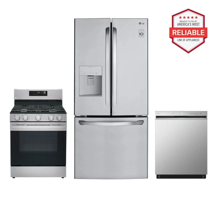 LG LFDS22520S LRGL5821S LDFN3432T kitchen package with gas range, refrigerator, and dishwasher, America's Most Reliable line of appliances Front View