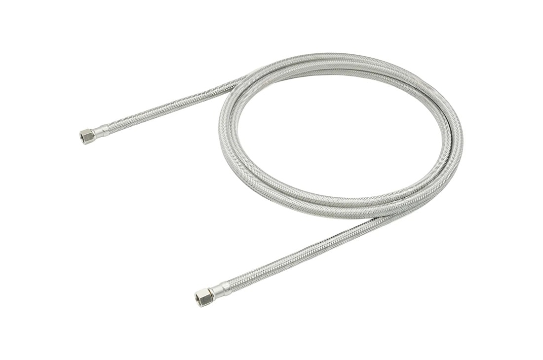 AGF04222801 braided stainless steel water supply line with metal connectors on both ends coiled in circular shape