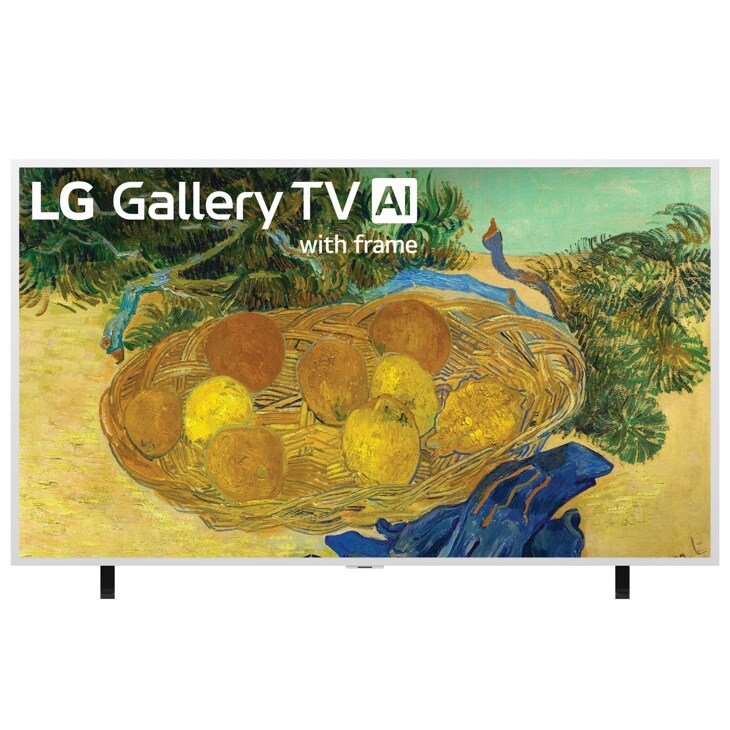 65-Inch LG Gallery TV AI 65LX7BPUA with frame displaying artwork of fruit basket painting - Front View