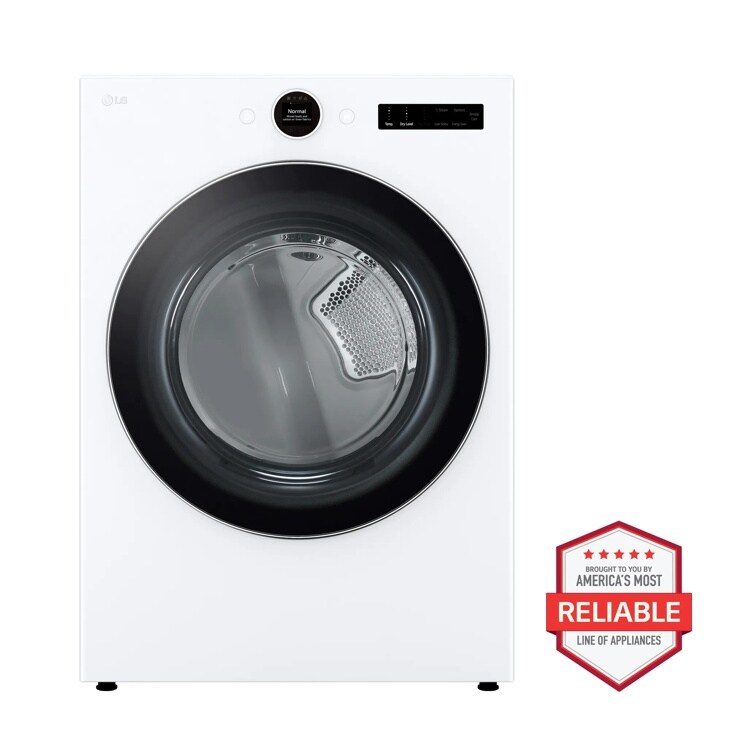 LG DLGX6701W Gas Dryer with black door window and digital control panel - Front View with Americas Most Reliable badge