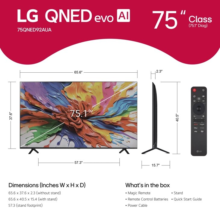 75 inch Class LG QNED evo AI QNED92A 4K Smart TV 2025